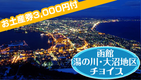 【函館】【5･6月スペシャル】
函館空港で利用できる『おみやげ券3,000円付』
函館・湯の川・大沼地区よりお好きなホテルをチョイス！　2～4日