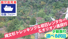 【屋久島】【9-10月ＳＰ☆賢くたっぷり満喫プラン】初日レンタカー+縄文杉１日トレッキング付！鹿児島発着 往復フェリーで行く 屋久島 選べる民宿2泊３日～3泊4日（夕朝食付）