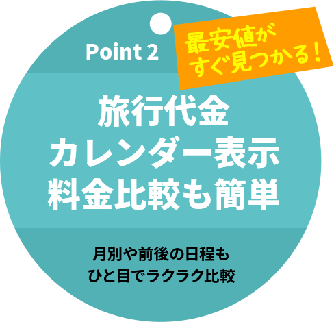 Point 2 旅行代金 カレンダー表示 料金比較も簡単 月別や前後の日程も ひと目でラクラク比較 最安値がすぐ見つかる！