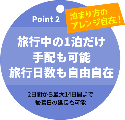 Point 2 旅行中の1泊だけ手配も可能旅行日数も自由自在 2日間から最大14日間まで帰着日の延長も可能 泊まり方のアレンジ自在！