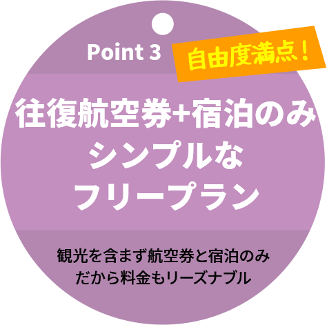Point 3 往復航空券+宿泊のみ シンプルなフリープラン 観光を含まず航空券と宿泊のみだから料金もリーズナブル 自由度満点！