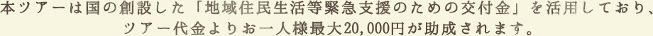 本ツアーは国の創設した「地域住民生活等緊急支援のための交付金」を活用しており、ツアー代金よりお一人様最大20,000円が助成されます。