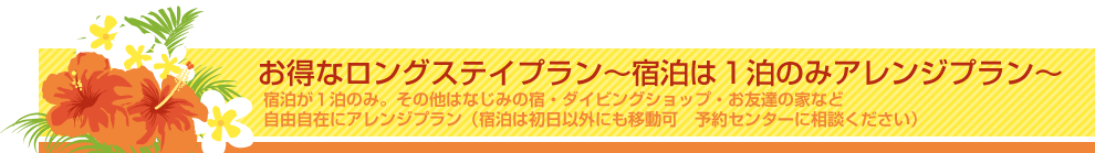 お得なロングステイプラン～宿泊は１泊のみアレンジプラン～ 宿泊が１泊のみ。その他はなじみの宿・ダイビングショップ・お友達の家など自由自在にアレンジプラン（宿泊は初日以外にも移動可　予約センターに相談ください）