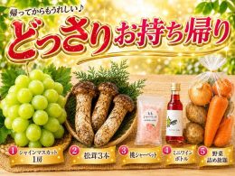 ☆★おかげさまでオリオンツアーは50周年！日頃の感謝を込めて“お持ち帰りどっさり”の謝恩ツアーをご用意しました♪山梨の旬を味わう『ぶどう狩り食べ放題』に『野菜詰め放題』！さらにシャインマスカットや松茸など、両手いっぱいの豪華なお持ち帰り付き！大きめの袋をご持参のうえ、ワクワク気分でご参加ください♪★☆